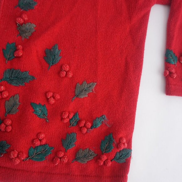 Vintage Dress Barn Red Black Embroidered Mistletoe Zip Knit Cardigan Sweater 18 - Picture 6 of 10